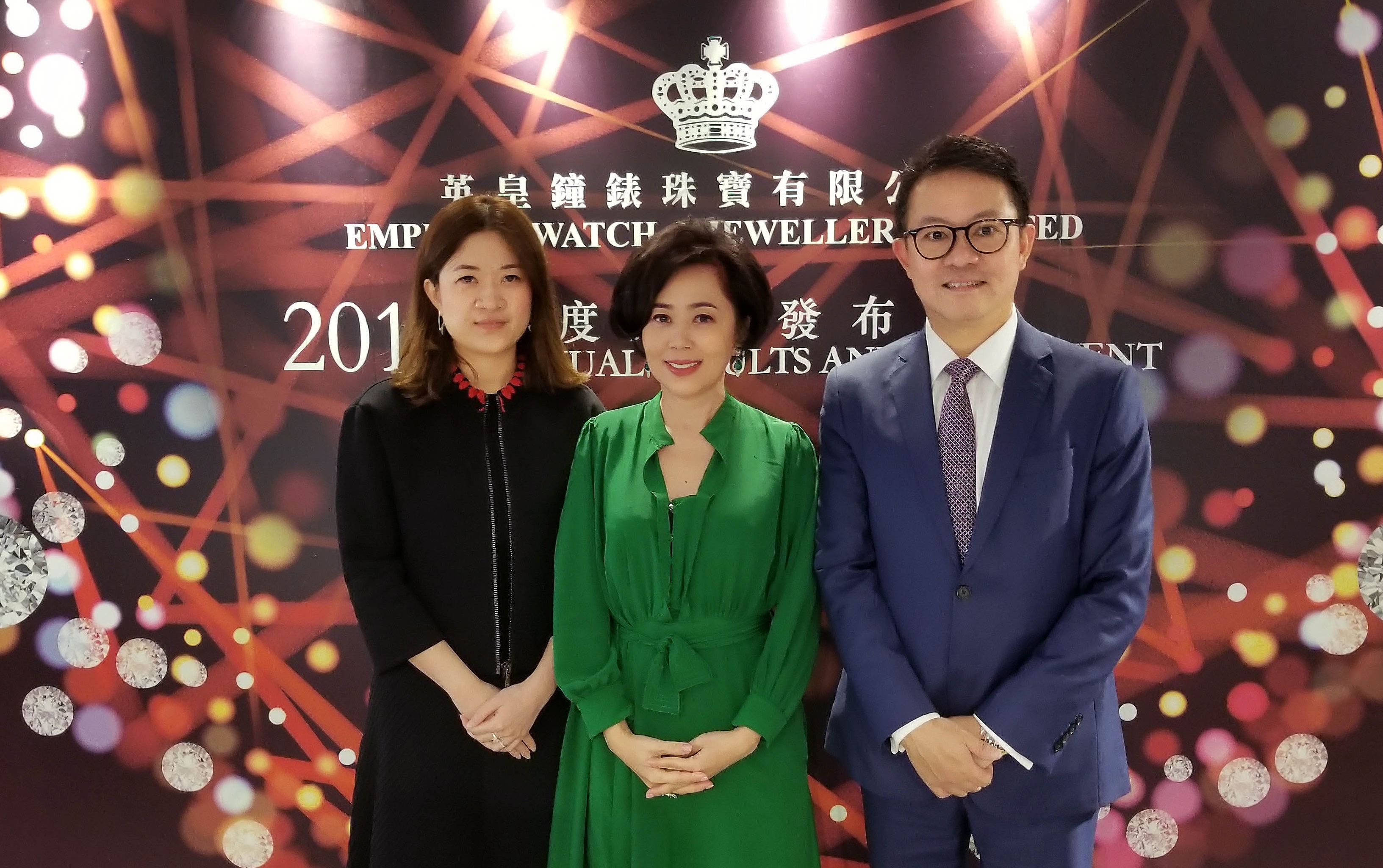 (From Left to Right) Ms. Anna Luk, Group Investor Relations Director of Emperor Group; Ms Cindy Yeung, Chairperson and Chief Executive Officer of Emperor Watch and Jewellery and Mr. Benson Chu, Group Chief Financial Officer of Emperor Group